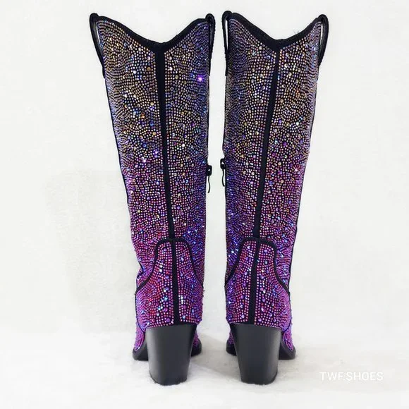 Western Glow Multi Purple Ombre Rhinestone Disco Cowgirl Knee Boots - Picture 7 of 17